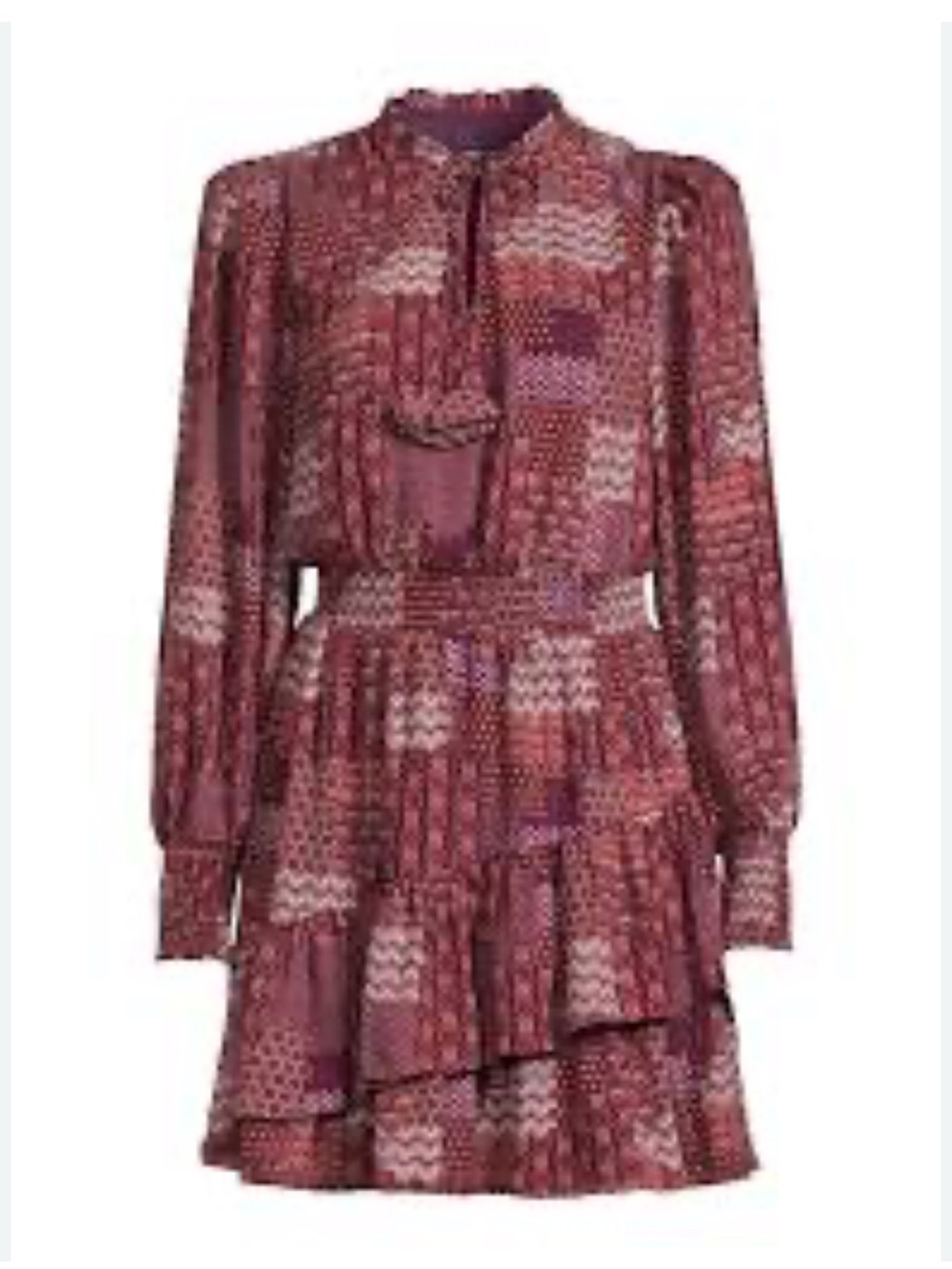 BCBG Burgandy Boho Tiered Patchwork Print Mini Dress Coastal Cowgirl‎ Large